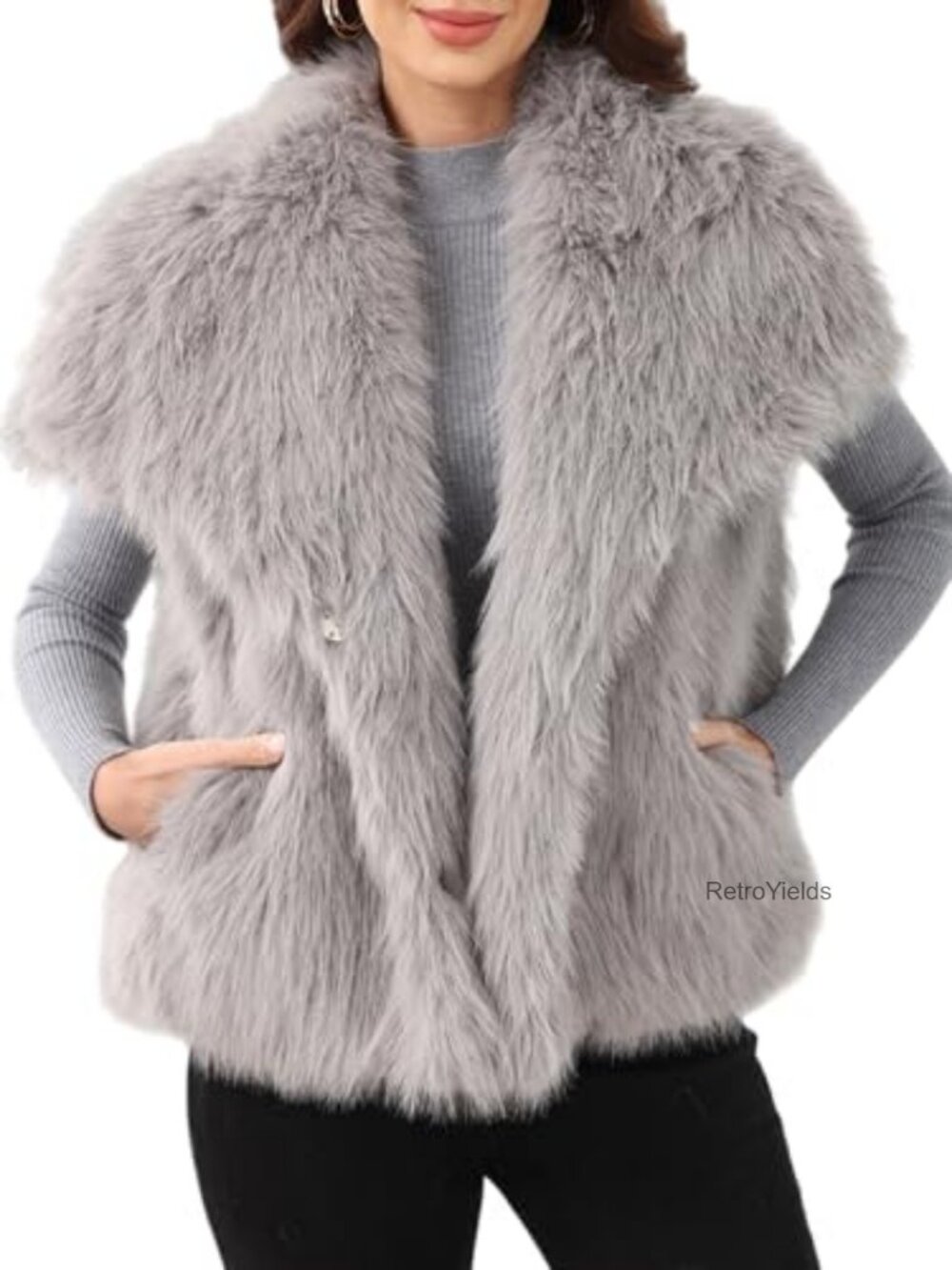 Faux Fur Vest Lapel Collar Sleeveless Fuzzy Shaggy Coat with Pockets